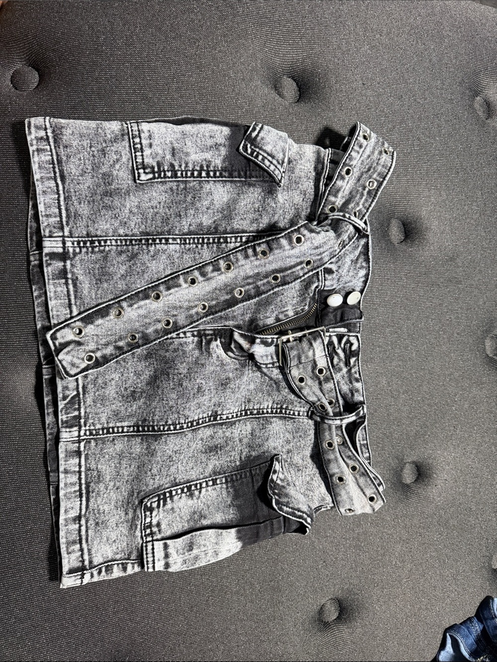 Windsor Acid Wash Gray Denim Mini Skirt with Grommet Belt